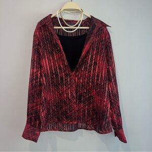 Karen Scott red black geometric sheer long sleeve button up blouse large